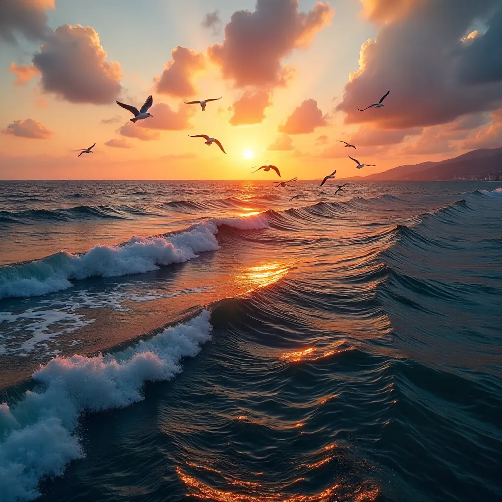 Aerial Sunset Over Seagulls and Ocean
