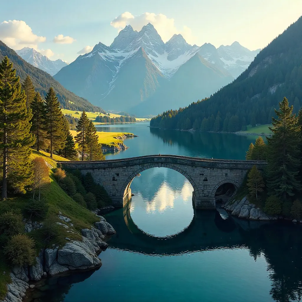 Aerial Bavarian Alpine Bridge over a Mirror Lake