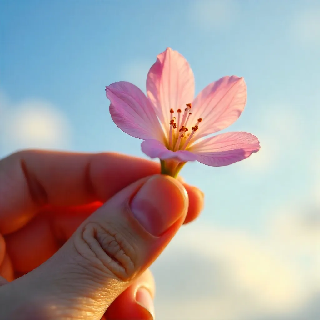 Delicate Pink Flower in Hand Against Soft Blue Sky