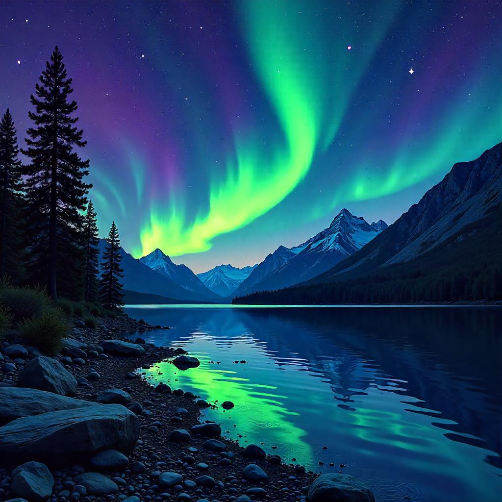 Aurora Over the Lake: Comic Night Scene