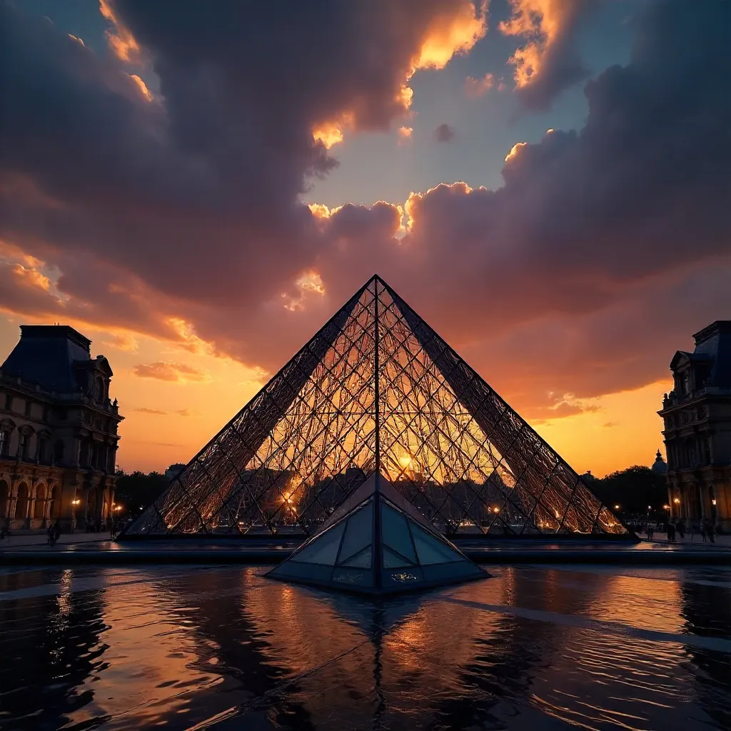 Silhouette of Louvre Pyramid at Sunset, Paris