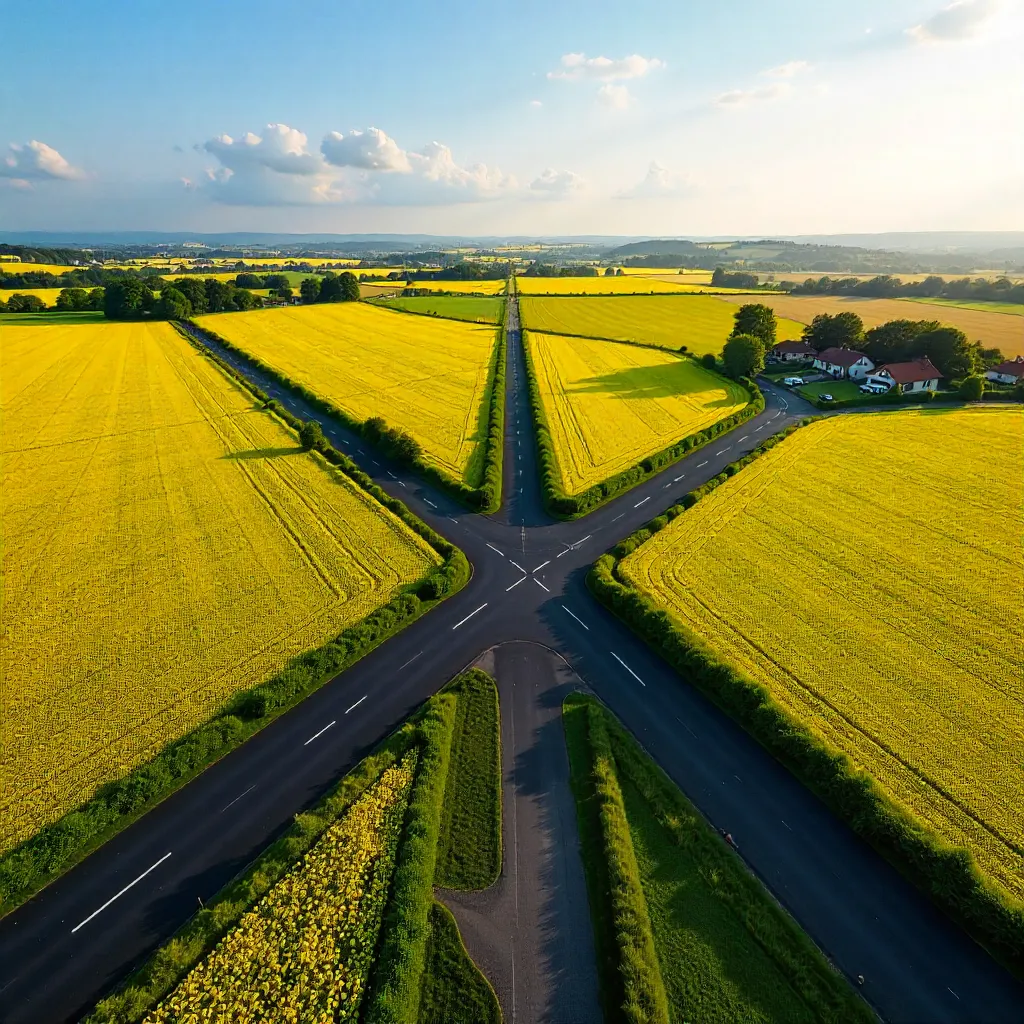 Drone View: Intersecting Roads over Yellow Romanian Fields