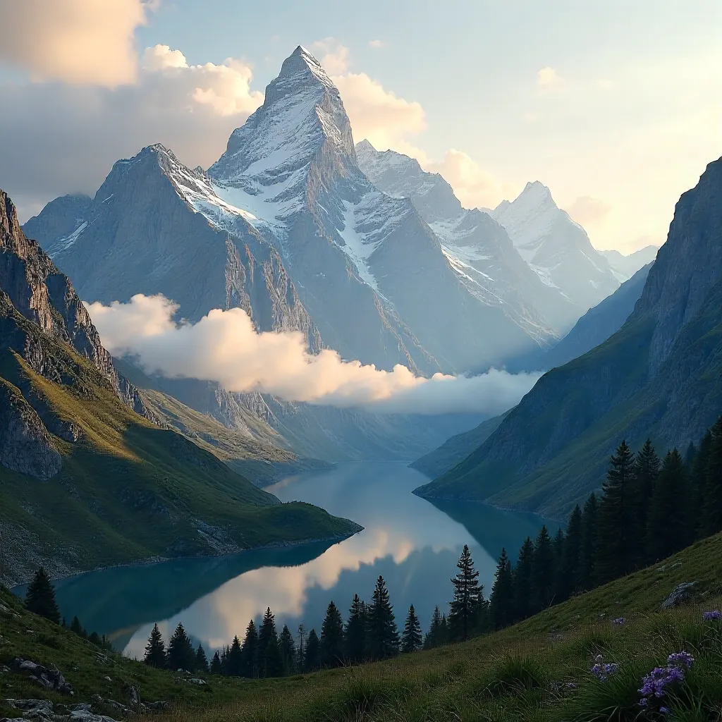 Majestic Peaks Crowned by Clouds at Dawn