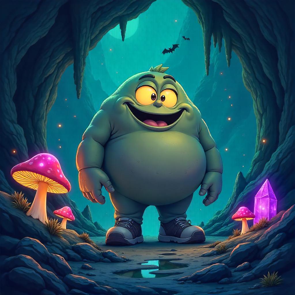 Giant Cartoon in a Glowing Cave