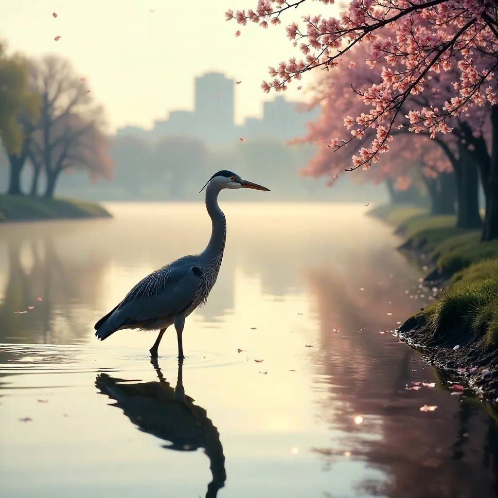 Serene Grey Heron by Hiroshima Waterside