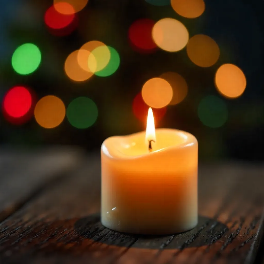 Soft Candle on Wood with Festive Bokeh Glow