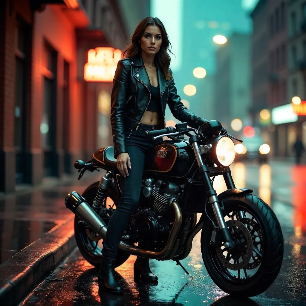 Confident Woman on Motorcycle in City Street