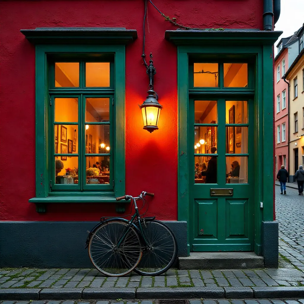 Red Wall with Green Windows and Lantern in Stockholm