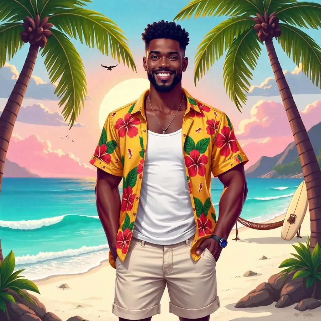 Handsome Black Man in a Tropical Paradise - Cartoon Style