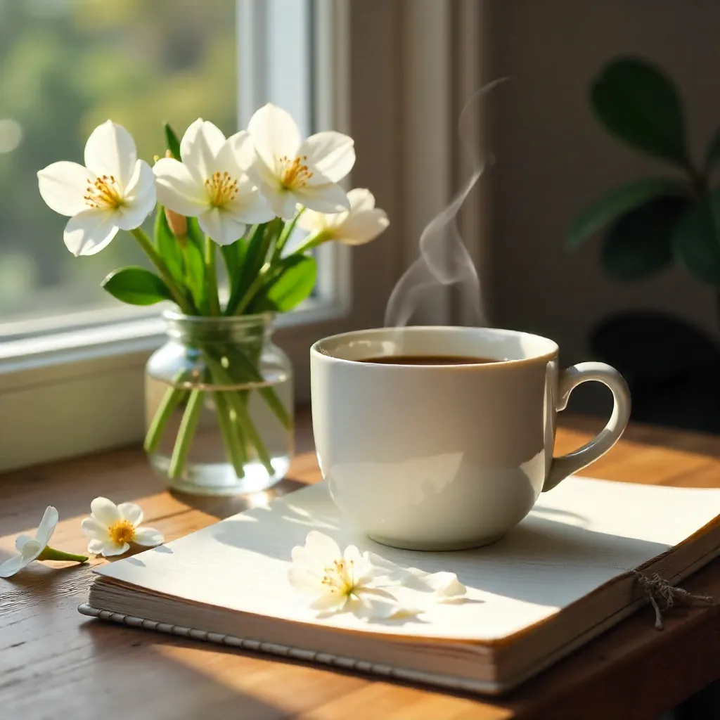 White Flowers with Green Leaves by Coffee Mug and Notebook