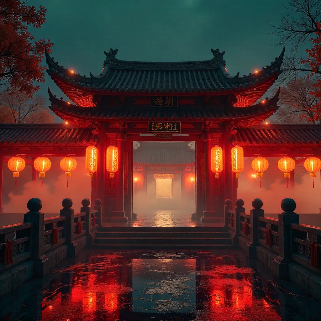 Night Lanterns Over the Traditional Temple Gate