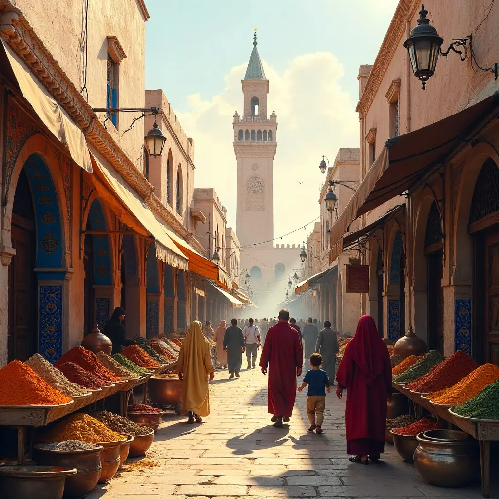 Vibrant Medina Market with Mosque Minaret
