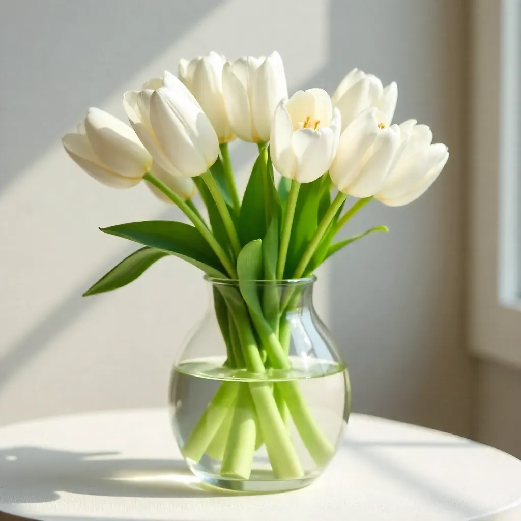 White Tulips in Glass Vase under Gentle Daylight