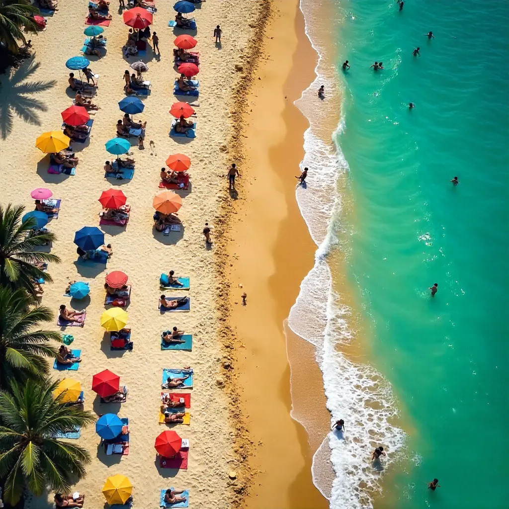 Aerial Beach Scene with Sunbathers and Colorful Umbrellas