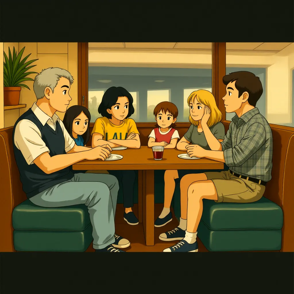 Alan Arkin, Toni Collette, Greg Kinnear, Steve Carell, Paul Dano, and Abigail Breslin in Little Miss Sunshine (2006) - Anime style