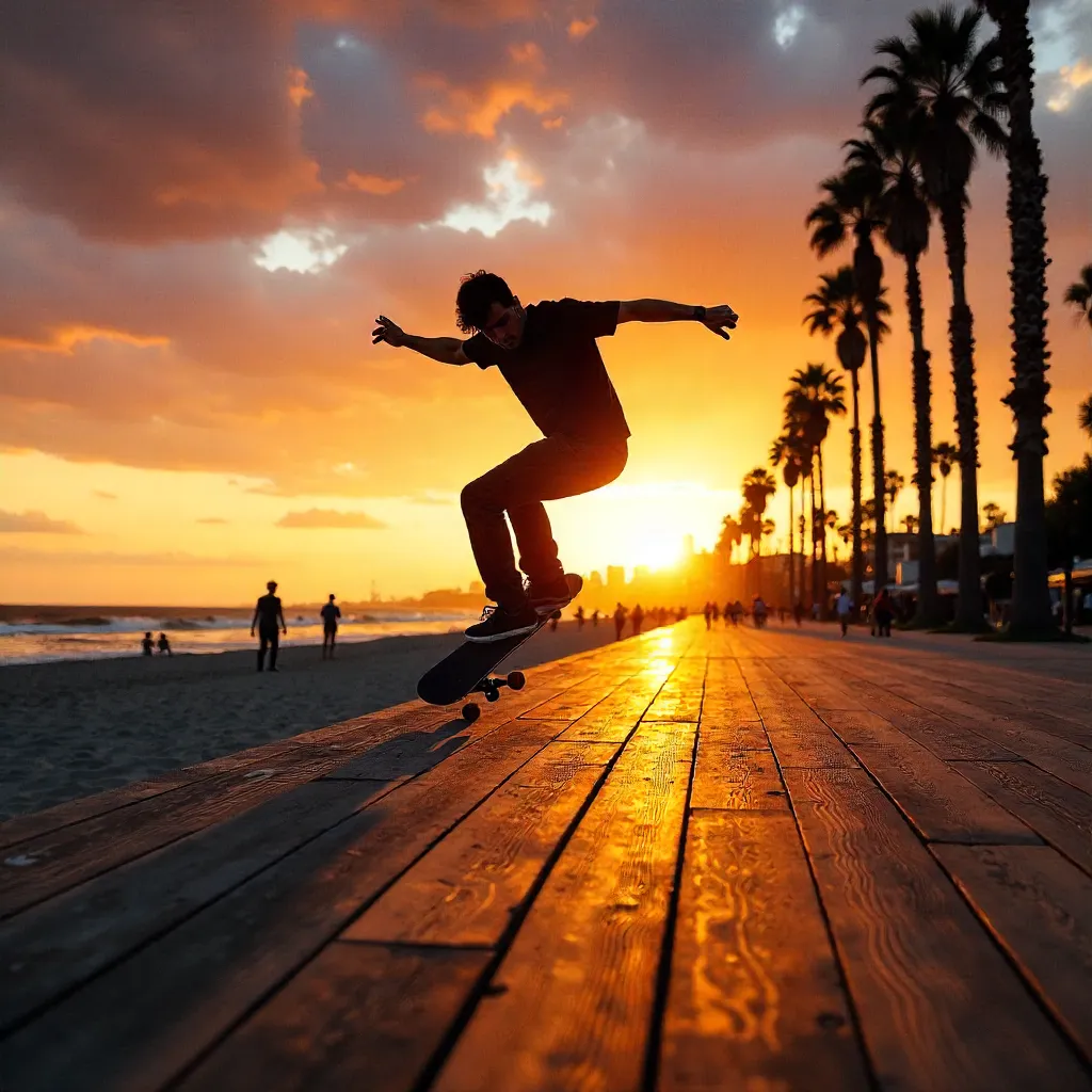 Venice Beach Sunset Silhouette: Skater in Flight