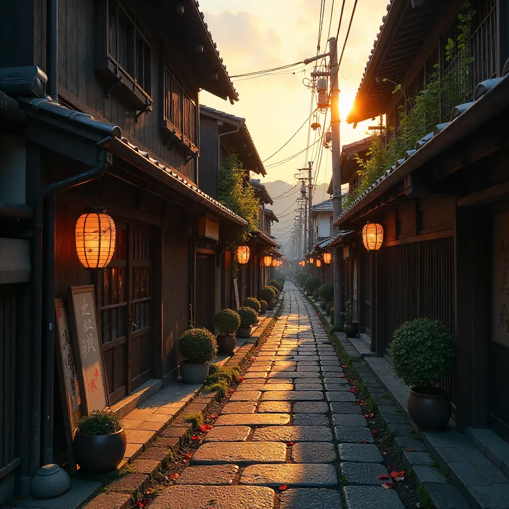 Quiet Kyoto Street at Sunset with Wooden Machiya