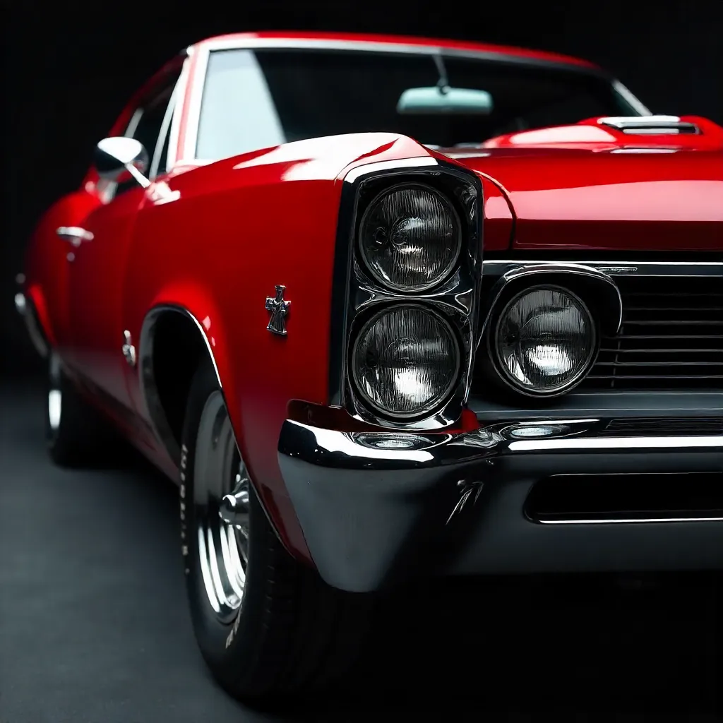 Chrome-Rich Close-Up of a Vintage Red Muscle Car