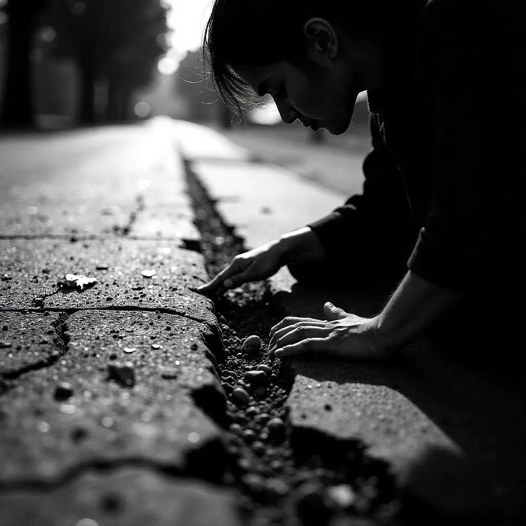 Moody Black-and-White Ground-Inspection Portrait