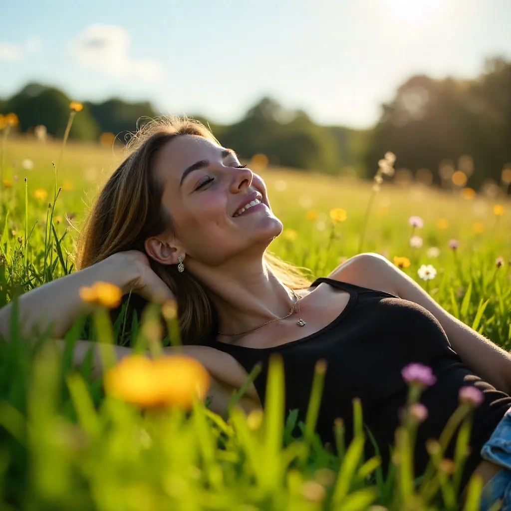 Sunlit Meadow Serenity: Woman in Black Top