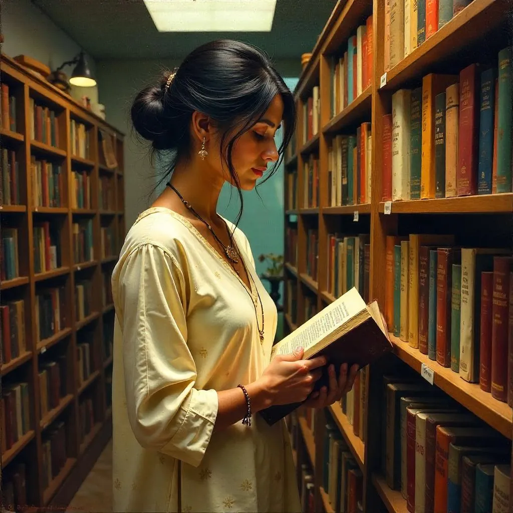 Oil Painting of a Young Indian Woman in a Bookstore
