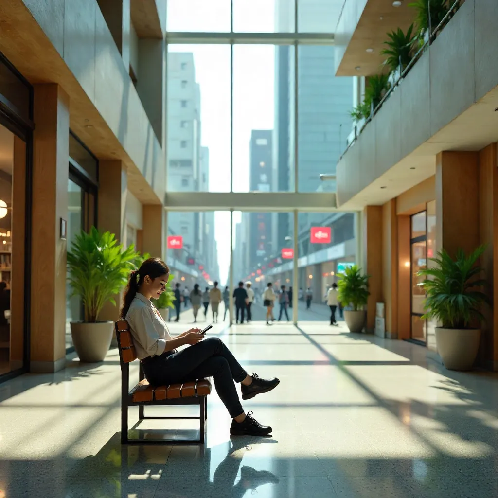 Tokyo Indoor Bench Moment: Woman with Smartphone