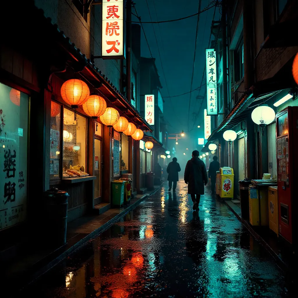 Moody Tokyo Night: Lanterns and Neon on Rainy Streets