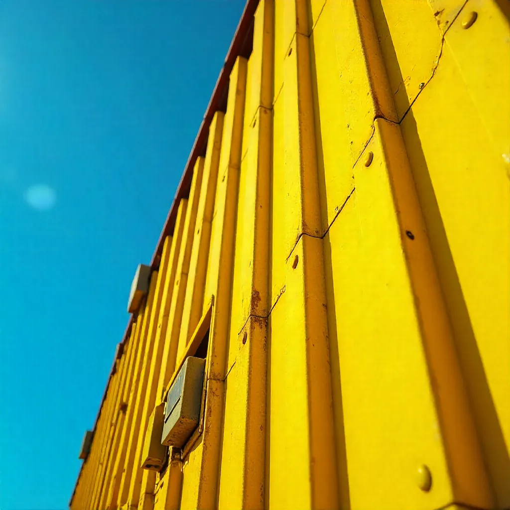 Close-Up of Bright Yellow Industrial Facade Under Clear Sky