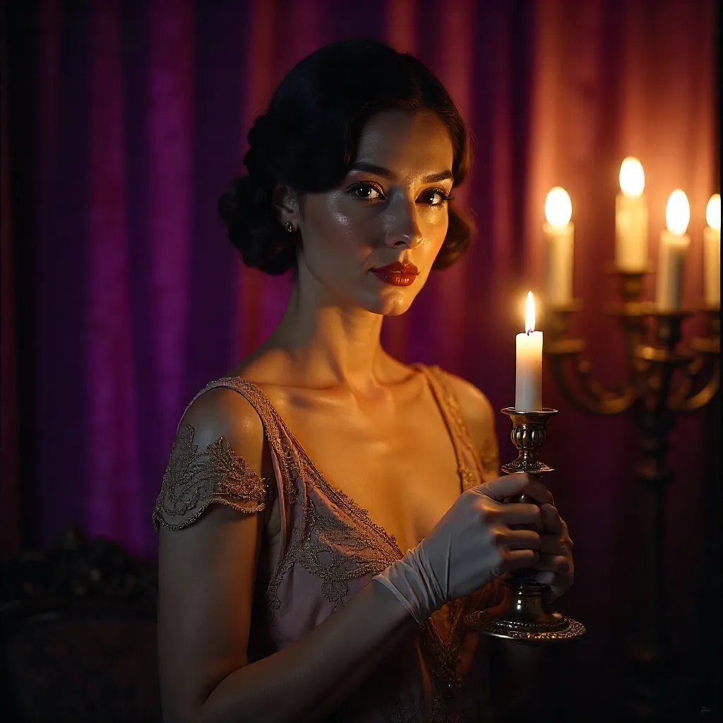 Candlelit Vintage Lady Against Purple Velvet