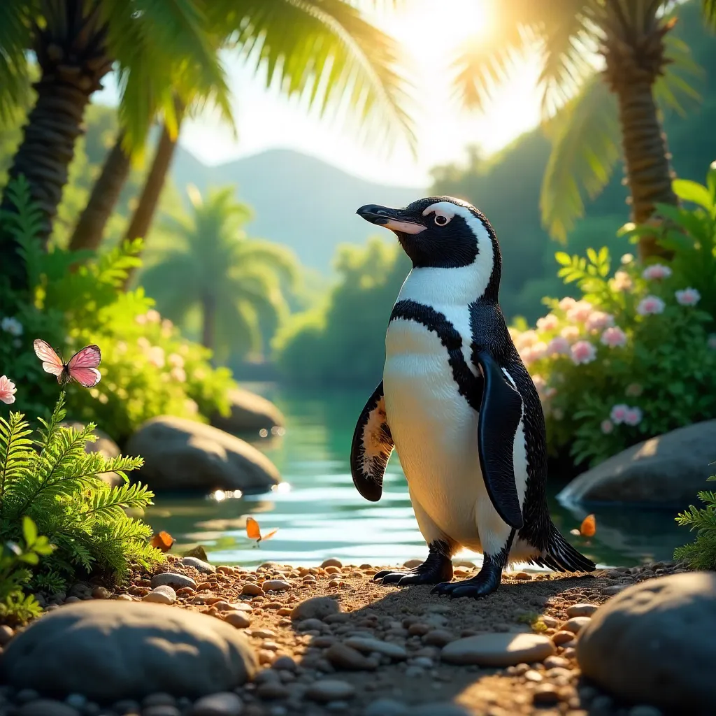 Humboldt Penguin in a Sunlit Tropical Garden