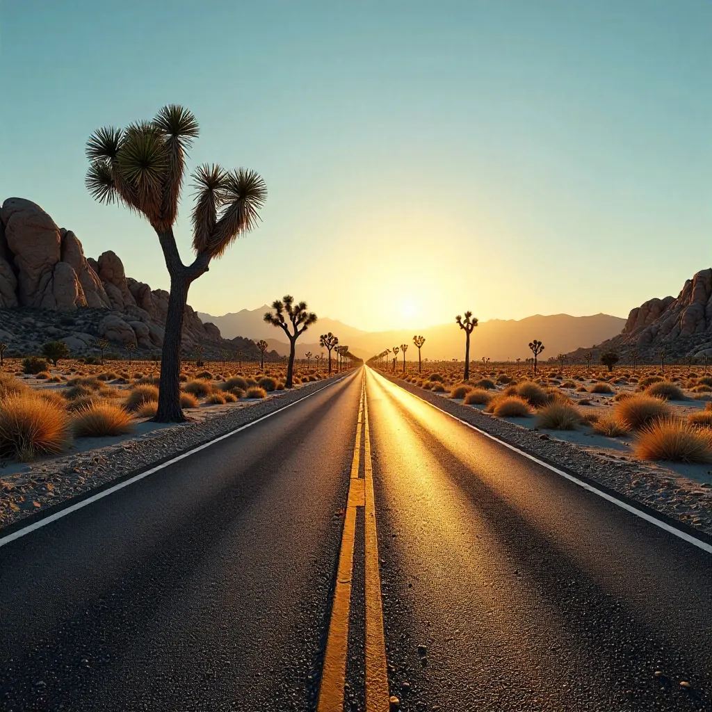 Desert Highway Through Joshua Tree at Golden Hour