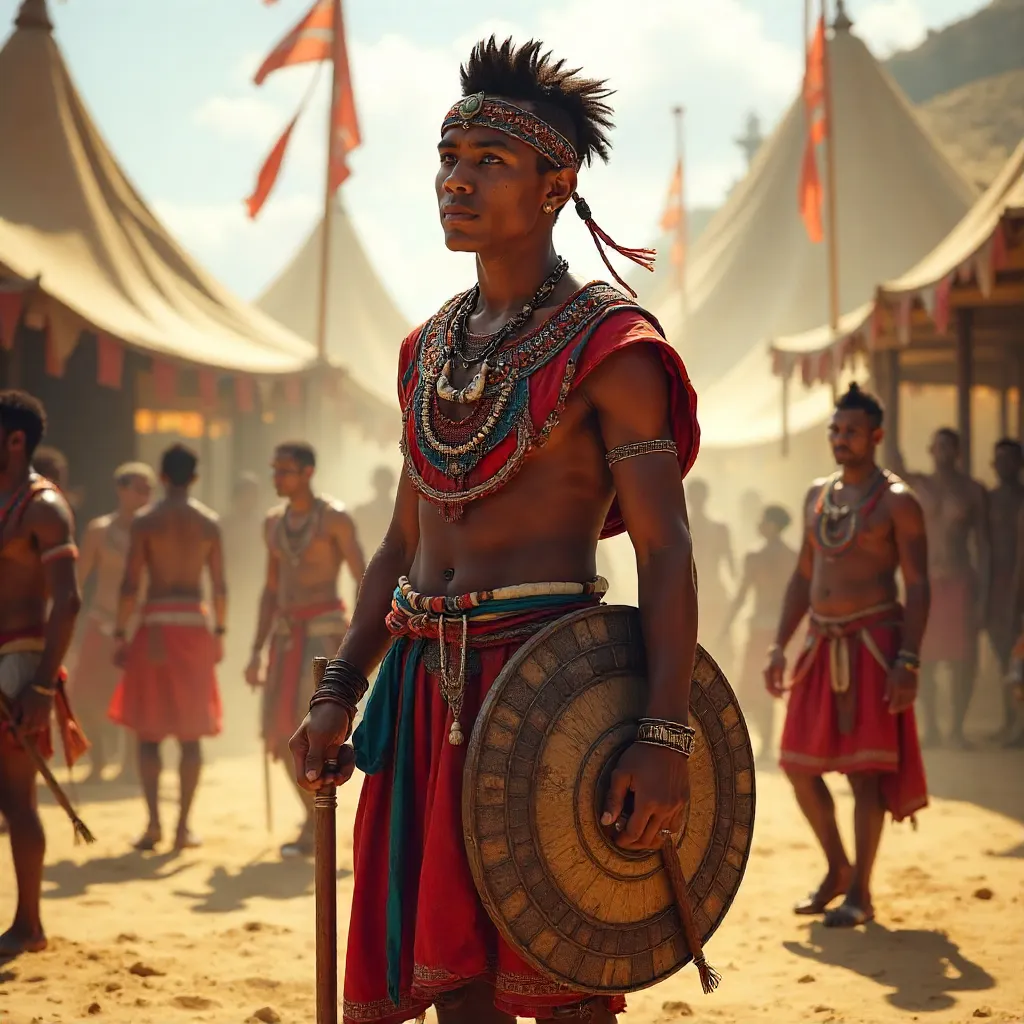 Young Man in Traditional Attire with Spear and Shield