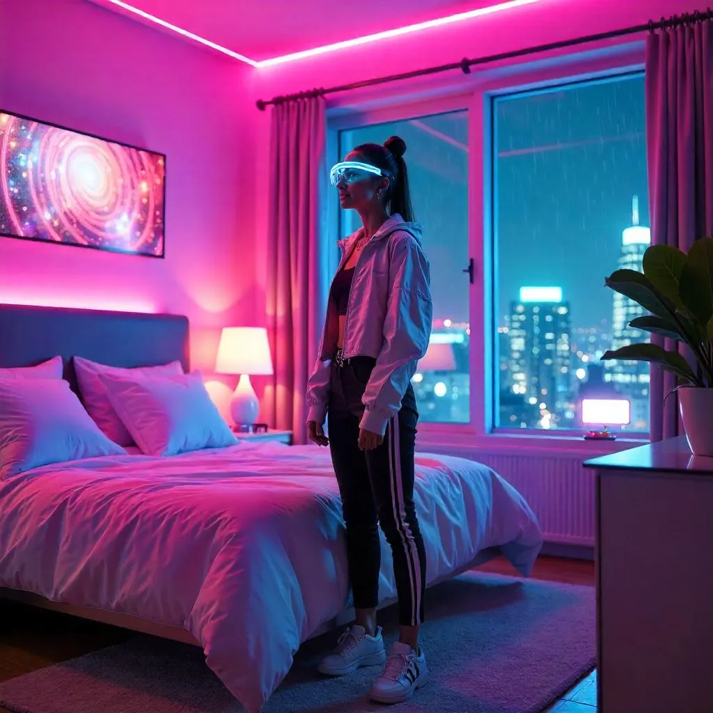 Cheerful White Woman in a Neon Cyberpunk Bedroom