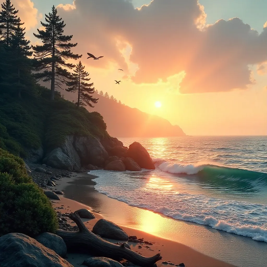 Sunrise Over Pine Forest by the Seaside