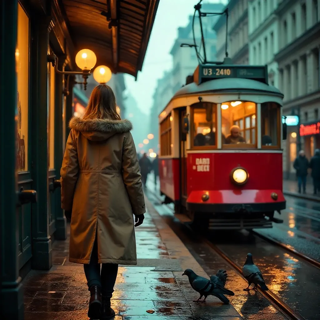 Beige Coat Approaches a Vintage Red Tram