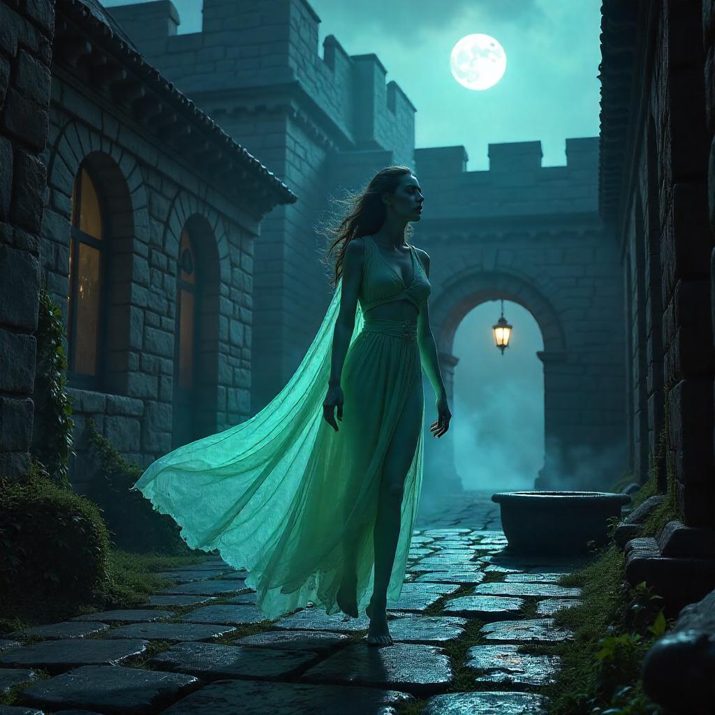 Banshee in a Moonlit Castle Courtyard