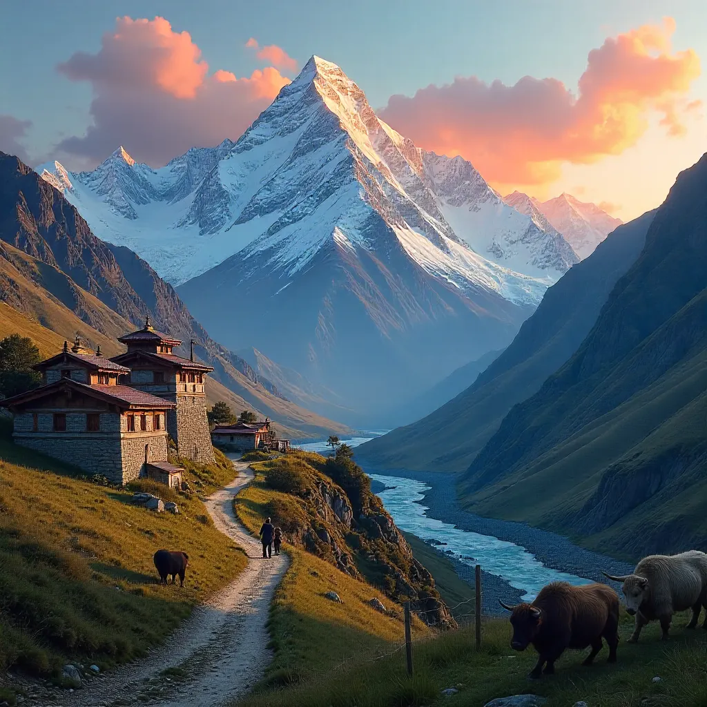Sunset Over a Tibetan Village Beneath Snowy Peaks