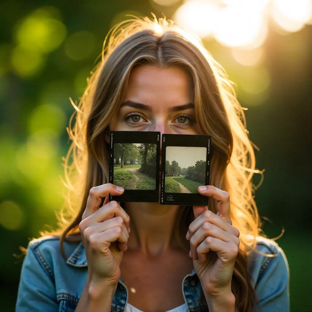 Outdoor Portrait: Woman with Film Negatives Obscuring Face