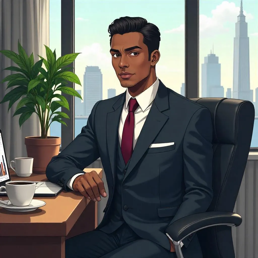 Elegant Black Man in an Anime Office Scene