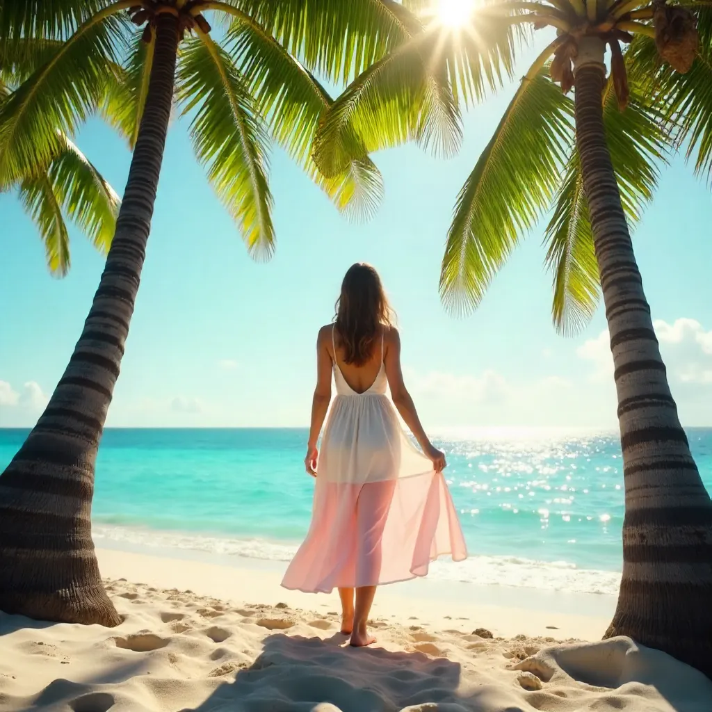 Sunlit Palm Grove: Woman Gazing at the Ocean