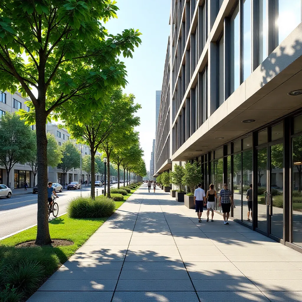 Sunlit Urban Street with Trees and Modern Facade