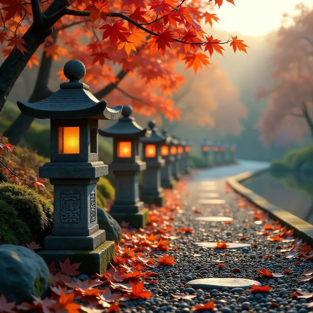Autumn Row of Japanese Stone Lanterns