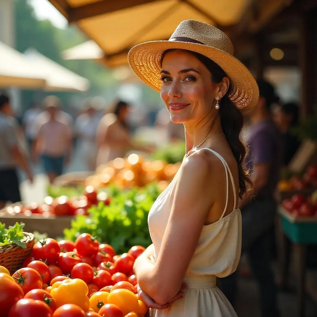 Elegant Woman at a Sunlit Farmers Market