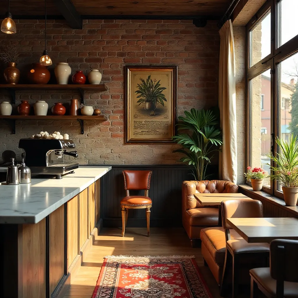 Charming Rustic Café Interior with Coffee Machine and Vases