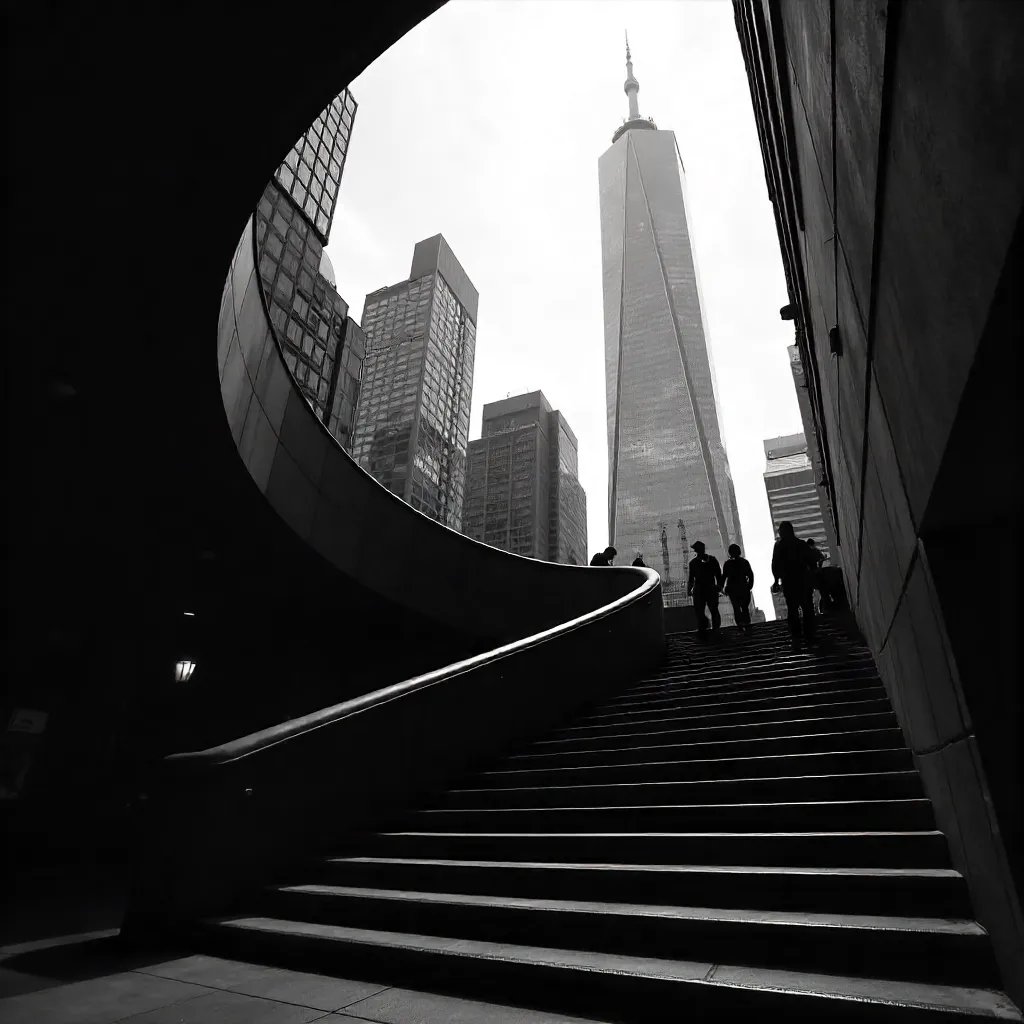 Monochrome Spiral Staircase Over City Skyline