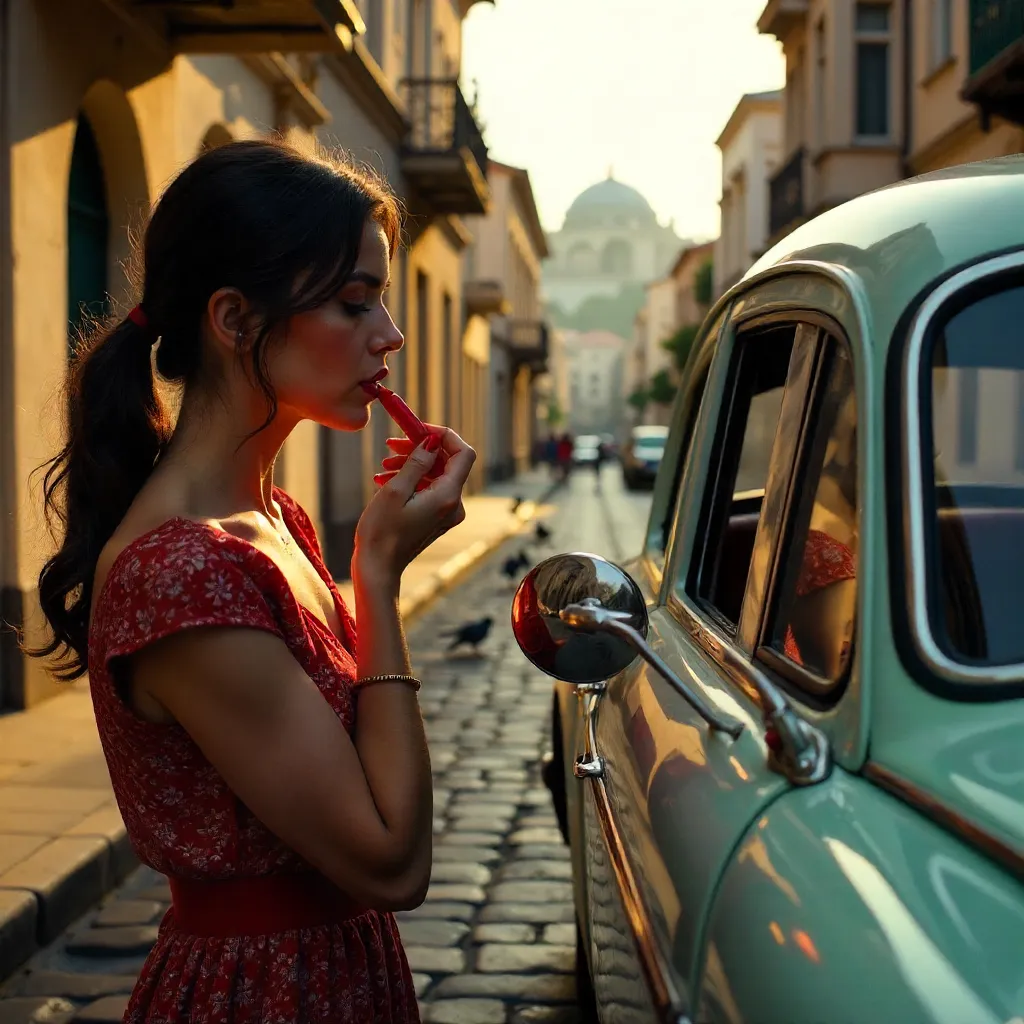 Red Lipstick Reflection in Istanbul's Cobblestone Street