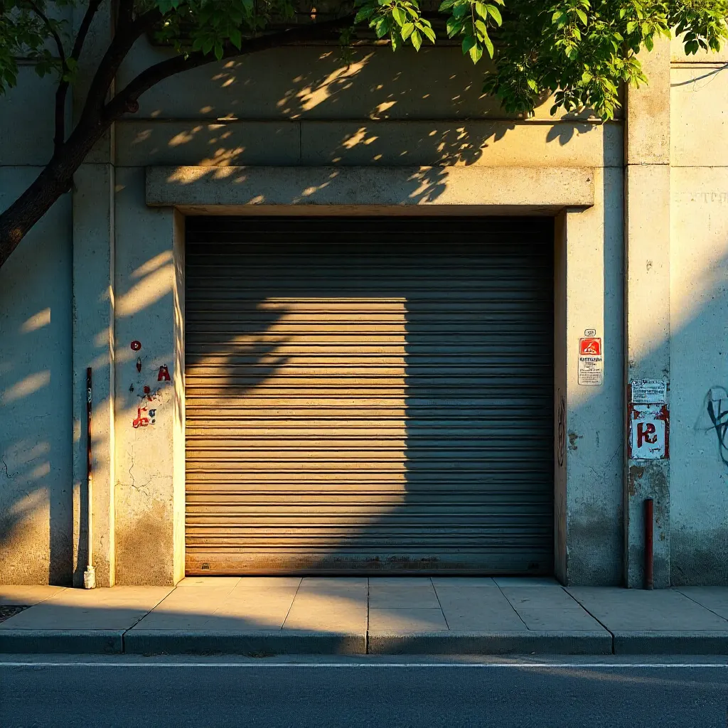 Sunlit Tree Shadow Patterns on City Garage Entrance