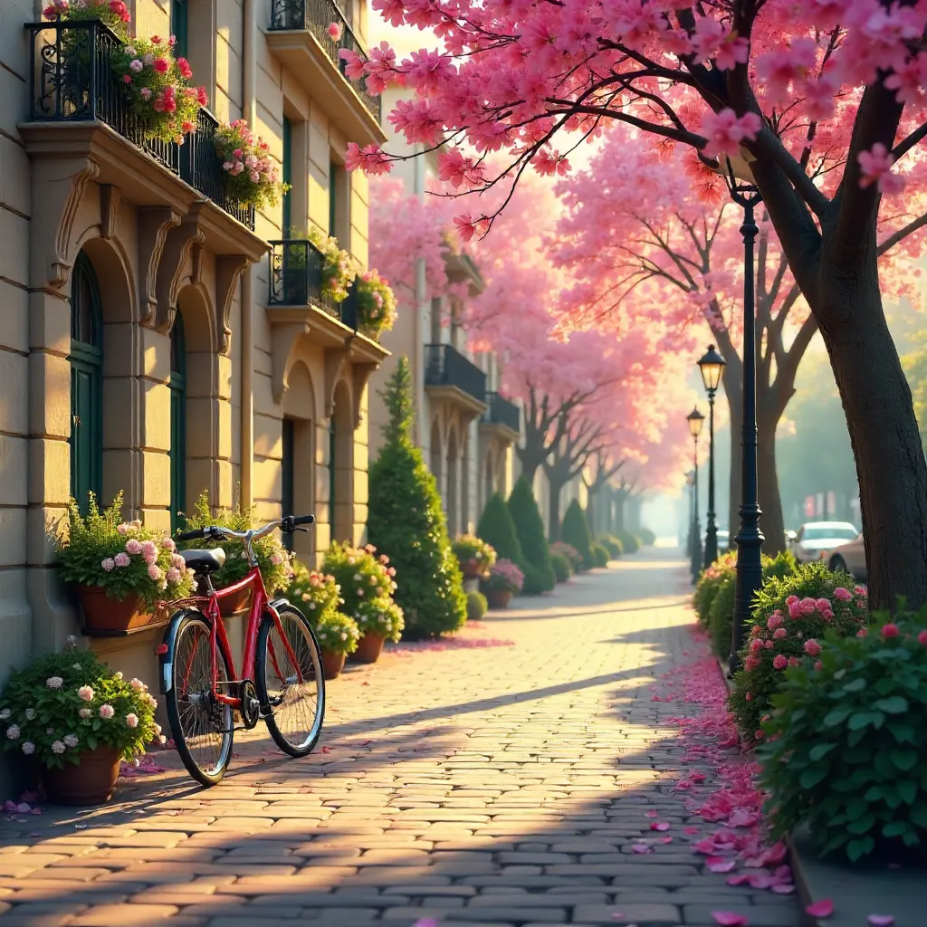 Spring Blossom Street with Classic Architecture