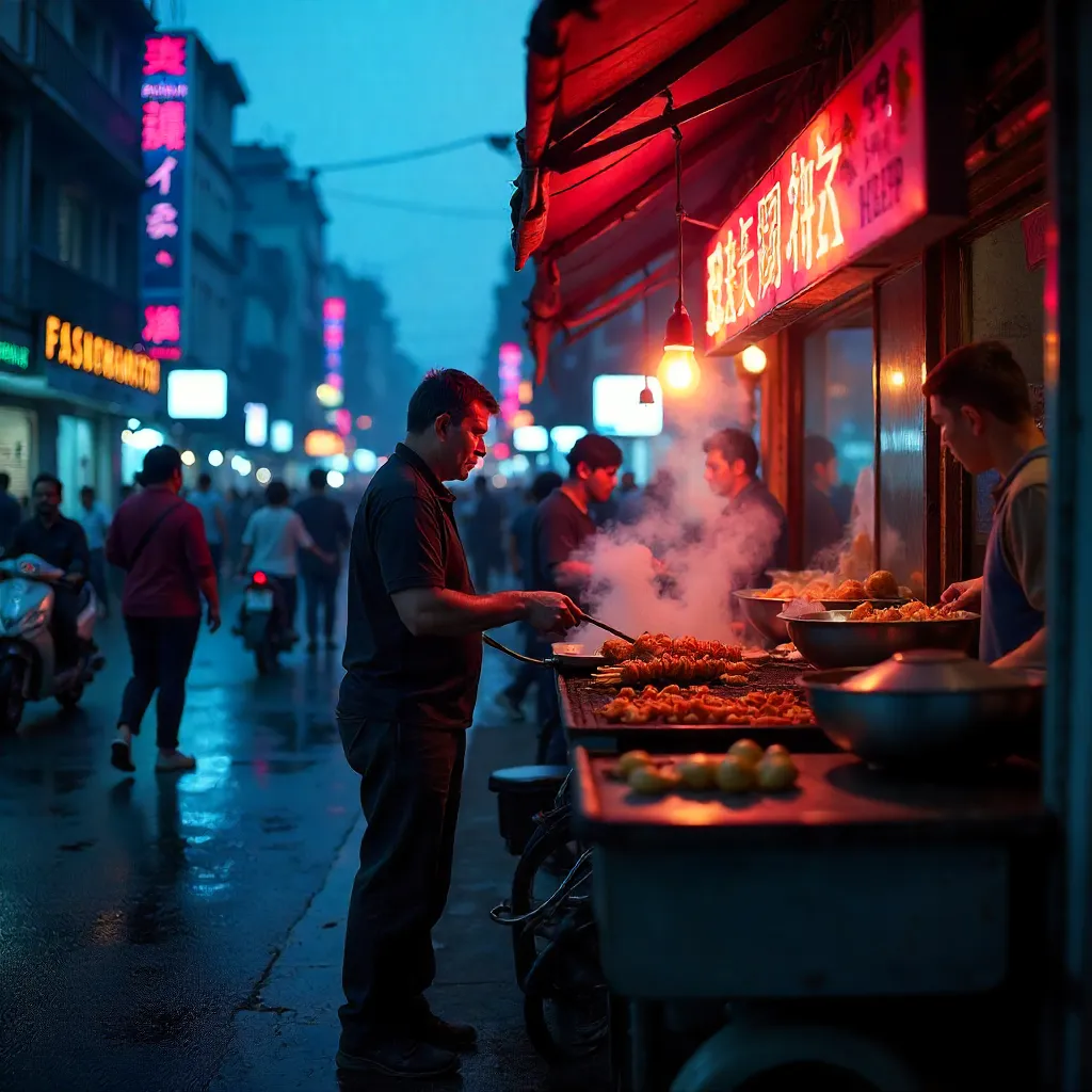 Neon Night Market Stall Amid a Bustling Crowd