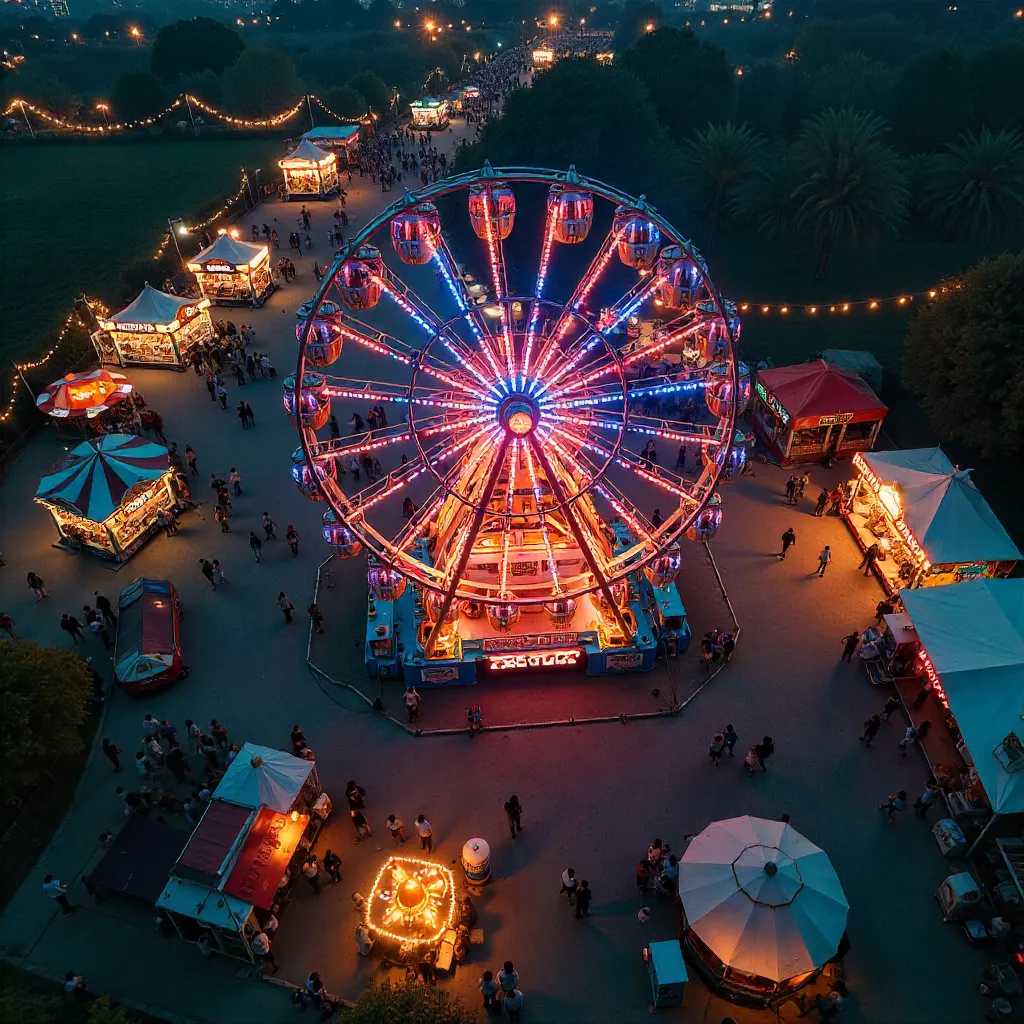 Aerial Night at the Fairground: Ferris Wheel Lights